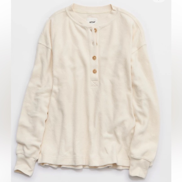 aerie Neutral Ivory Quarter Button Cotton Sherpa Henley Sweatshirt - Picture 4 of 17